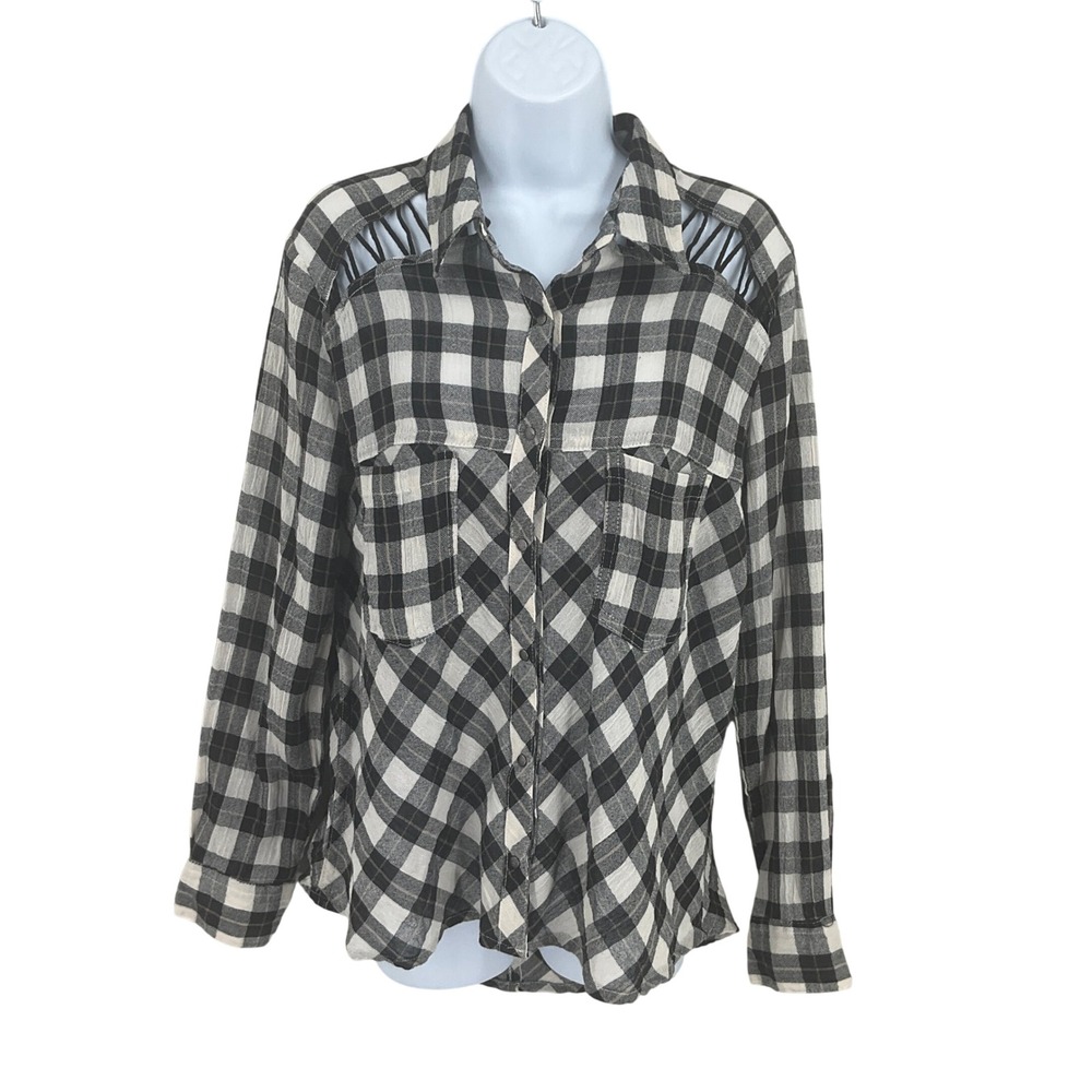 Free People‎ Shirt Women S Black White Plaid Cutout Shoulder Boho Grunge Edgy